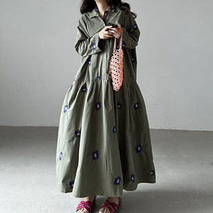 已出货 韩国chic早秋复古重工刺绣花朵宽松大摆型衬衫连衣裙女