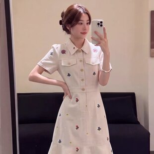 2026夏季大码法式气质刺绣连衣裙女夏收腰显瘦小个子巨好看短裙子