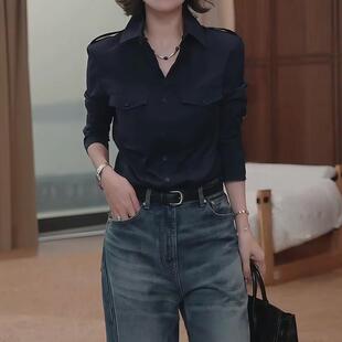 2026新款修身显瘦纯色polo领长袖衬衫女款春秋衬衣小众设计感上衣