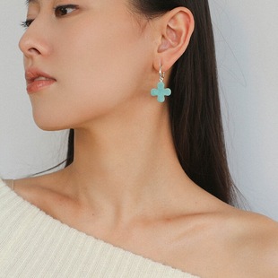 欧美风天河石小花吊坠银色耳环女清新甜美花朵天然石耳饰饰品