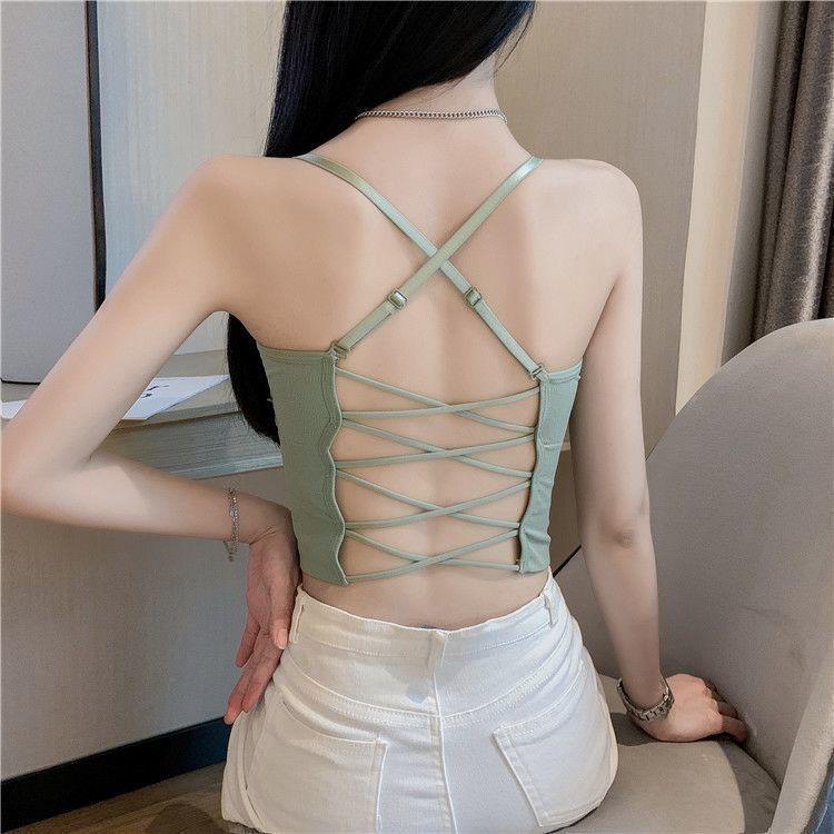 吊带背心女带胸垫外穿性感交叉美背纯色辣妹内搭打底抹胸短款上衣