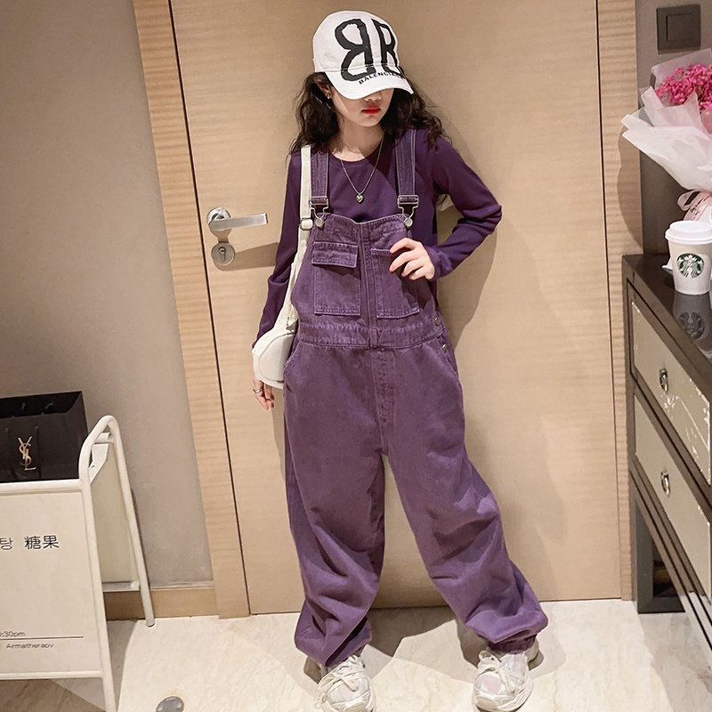 女童牛仔背带裤2023韩系多巴胺炸街吊带裤中大童网红嘻哈潮酷裤子
