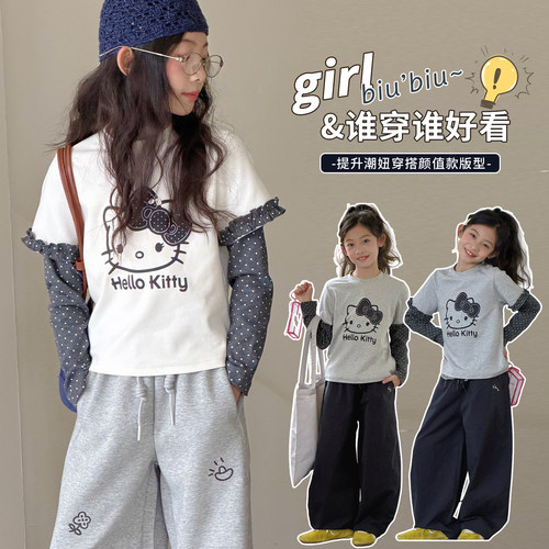 女童式假两件波点KT猫长袖T恤2026春装新款中大童木耳边拼接上衣