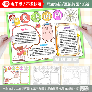 K130夏洛的网读书手抄报阅读分享好书推荐手抄报模板涂色黑白线稿