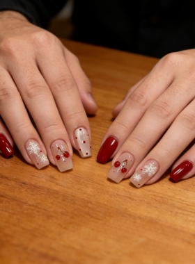 纯手工美甲穿戴甲高级感手绘樱桃红色波点雪花短款猫眼新年美甲贴