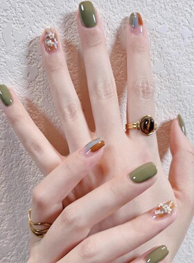 纯手工定制穿戴甲成品假指甲贴片拆卸美甲成品夏季显白绿色五瓣花