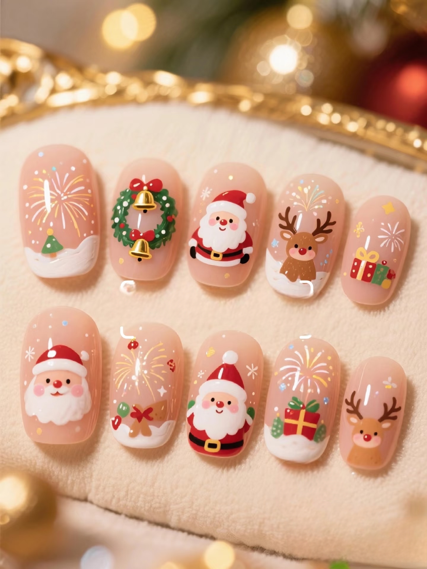 圣诞美甲纯手工穿戴甲定制成品美甲贴片手绘松树圣诞红色指甲贴片