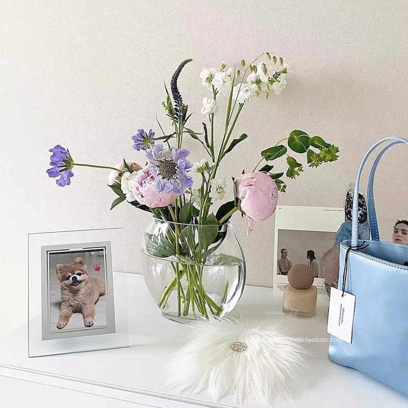 北欧扁平椭圆透明玻璃鲜花花瓶风摆件客厅插花 家居装饰小鱼缸