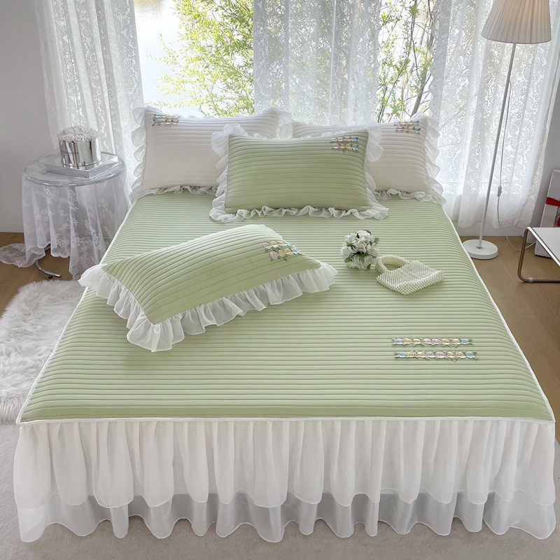 类凉感丝乳胶凉席三件套公主风床垫冰丝可折叠水洗软席子