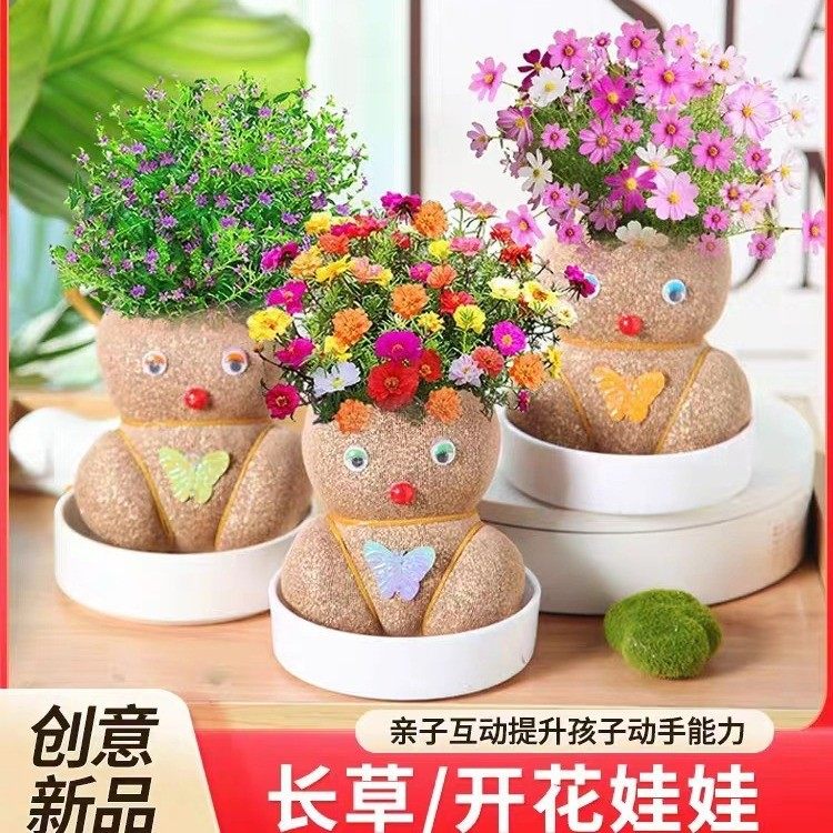 迷你头顶长草小草开花娃娃草头娃娃桌面摆件儿童种植小盆栽两元店