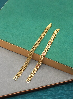 中古Vintage俄金表带手链高级感双排链条粉锆石设计轻奢时尚手饰