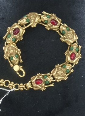 中古雾面真金电镀金蝉莱茵石镶嵌复古宫廷风蓝松贵气款项链戒指