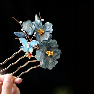 发梳插梳清汉女古风新中式蓝色新娘头饰旗袍盘发流苏发夹侧边簪花