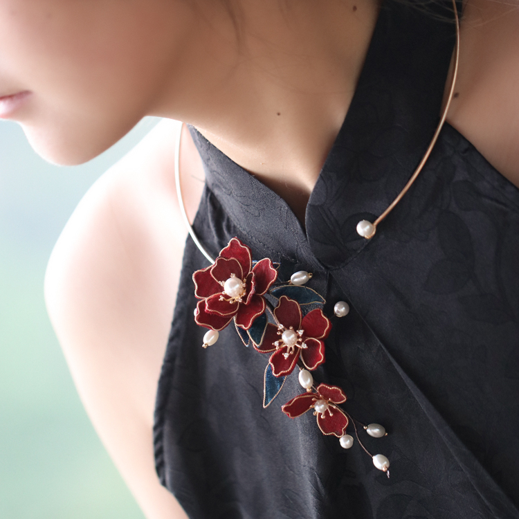 原创设计手工项圈布绒 旗袍汉服配饰古风饰品小众颈链新中式饰品