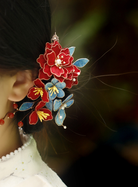 掐丝布绒红色牡丹发夹旗袍盘发头饰发饰结婚新娘中式国风后压复古