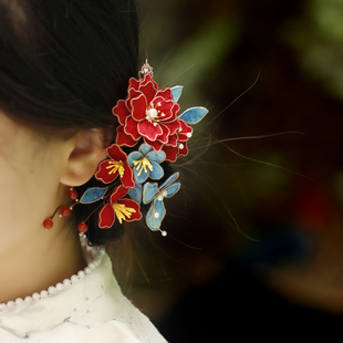 掐丝布绒红色牡丹发夹旗袍盘发头饰发饰结婚新娘中式国风后压复古