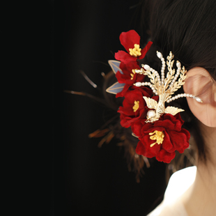 凤穿牡丹 古风红色布绒花发夹流新娘头饰汉服侧边夹大气发夹中式