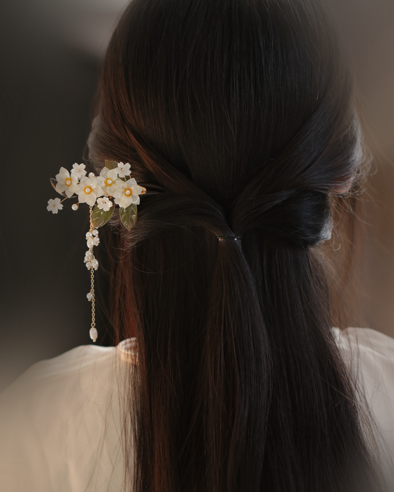 水仙花流苏发簪丸子头发饰木簪国风少女黑檀木旗袍茶服日常头饰女