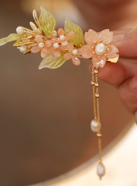 发饰仙女 森系 超仙橙色旗袍配饰头饰发夹后脑勺弹簧夹古典流苏女