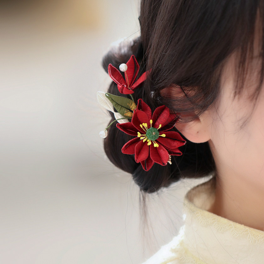 红色清汉女缠花发夹百搭边夹夹子图片