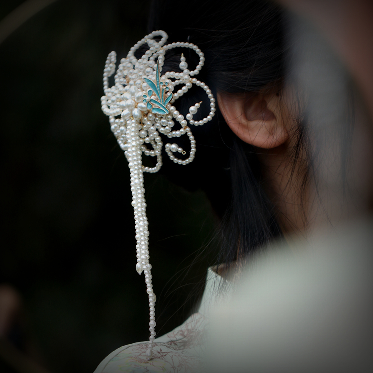 民国双圆髻发罩头饰旗袍珍珠复古