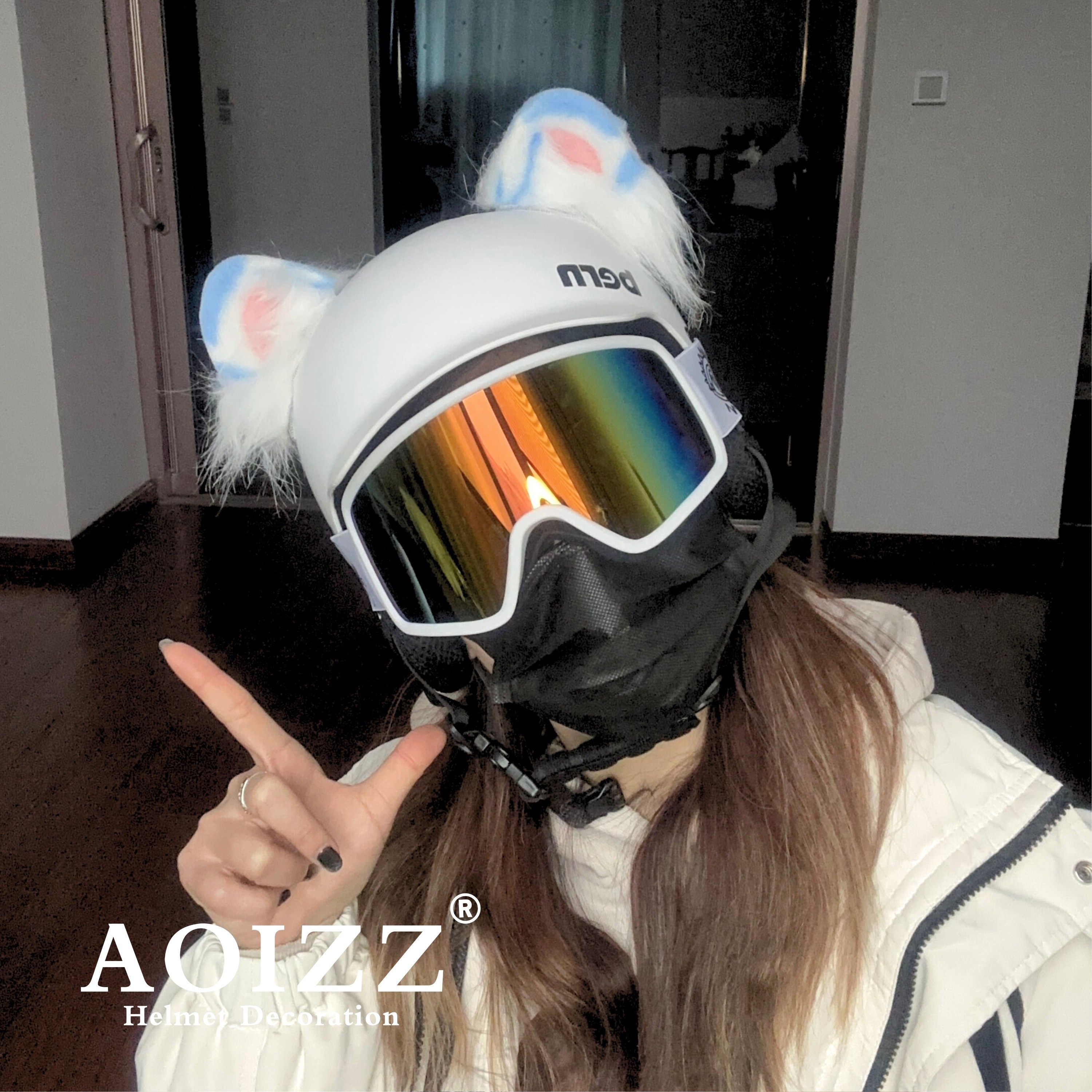 AOIZZ头盔装饰耳朵电动车摩托车配件配饰毛绒女生滑雪头盔装饰品