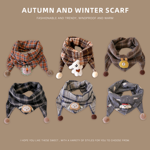 儿童秋冬加厚三角巾双层格子围巾小男孩女童韩版户外防风百搭围脖