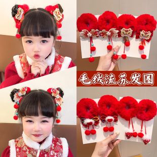 2026新年儿童喜庆头饰过年红色毛绒发圈头花女童氛围感发绳中国风