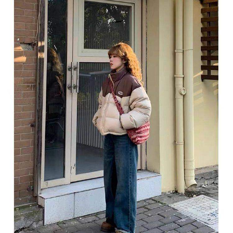 冬装新款美式短款羽绒服女小个子撞色肯豆面包服白鸭绒保暖外套