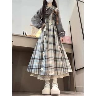 格纹连衣裙女小个子秋冬长裙子两件套装女2025新款复古小众学院风