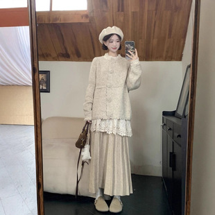 针织半身裙女花朵穿叠打底衫冬毛衣外套三件套秋冬新款温柔风套装