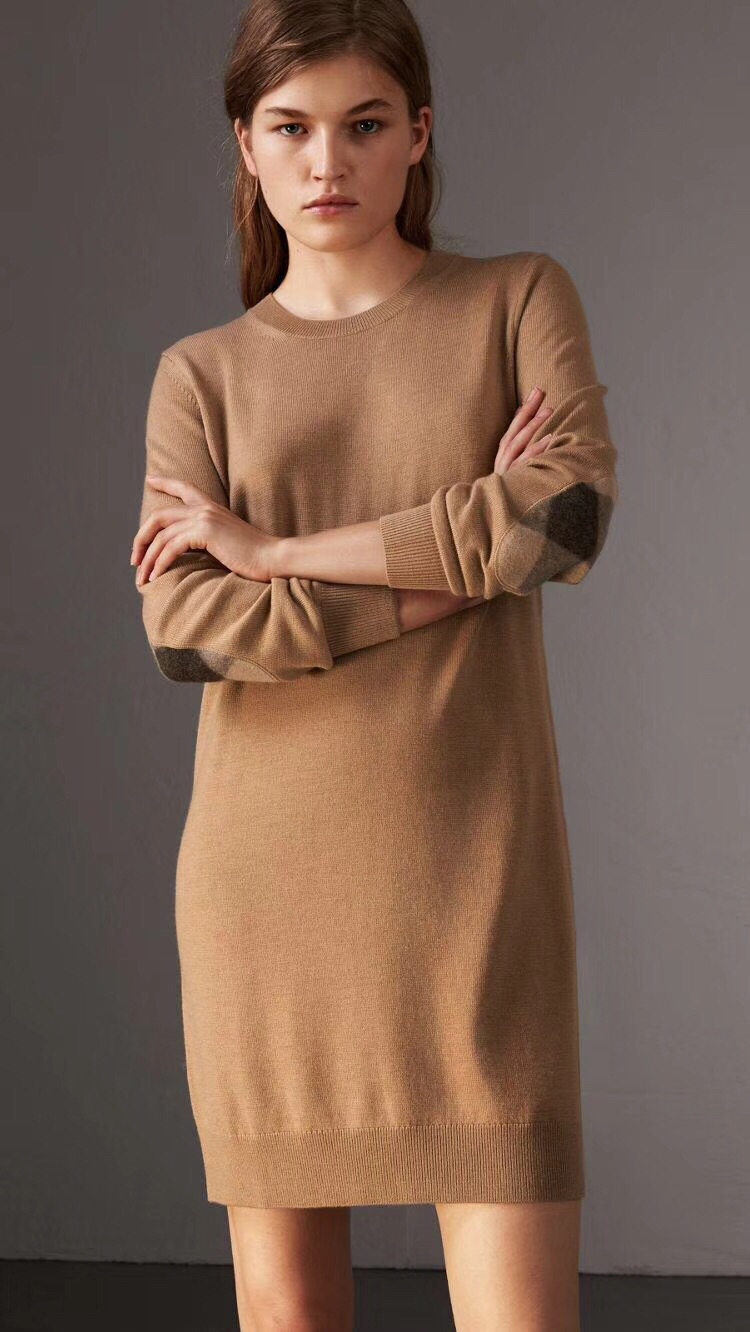 专柜新款 Burberry巴宝莉女装 休闲针织连衣裙 经典格纹手肘垫布