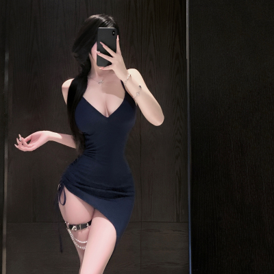 性感深蓝色V领吊带睡裙女夏遮肚显瘦修身包臀裙火辣情侣约会内衣