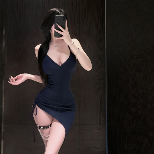性感深蓝色V领吊带睡裙女夏遮肚显瘦修身包臀裙火辣情侣约会内衣