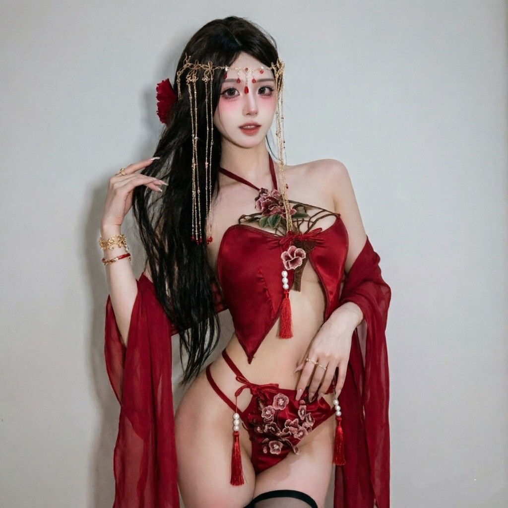性感风红色刺绣挂脖肚兜女披肩制服套装中式古风宫廷装情qu内衣
