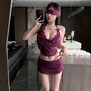 性感紫色蕾丝肚兜女吊带睡衣情侣约会高级感包臀裙套装 qqny 大码