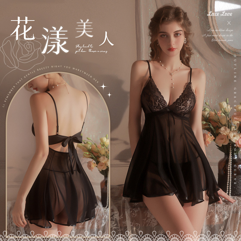 情侣性感睡衣纯欲内裤全透女火辣高级感内衣情却套装黑色薄款睡裙