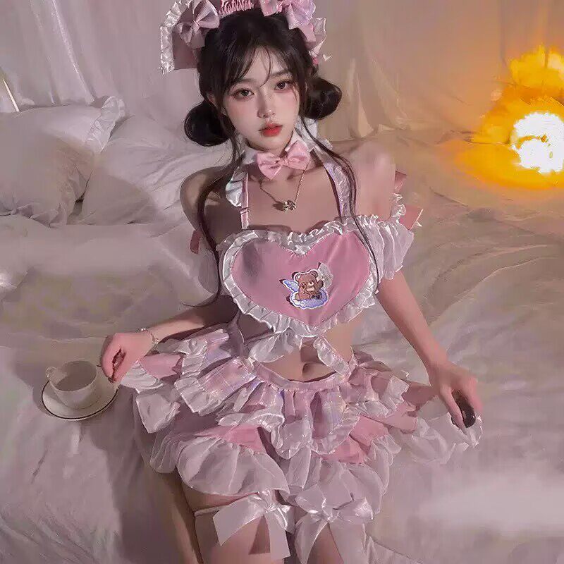 甜心小熊洛丽塔肚兜套装粉色可爱蝴蝶结制服性感情qu内衣大码胖MM