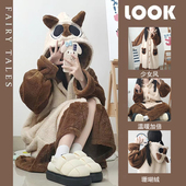 暹罗猫小豆泥睡衣女秋冬季 可爱卡通珊瑚绒加绒加厚睡袍家居服套装