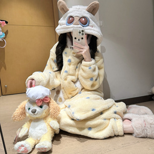 暹罗猫小豆泥连帽睡袍珊瑚绒加绒加厚睡衣女可爱卡通家居服可外穿