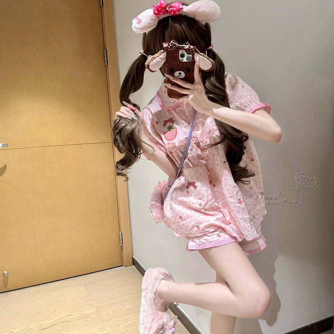 刺绣草莓睡衣女夏季显瘦娃娃领开衫少女家居服学生宿舍可外出套装