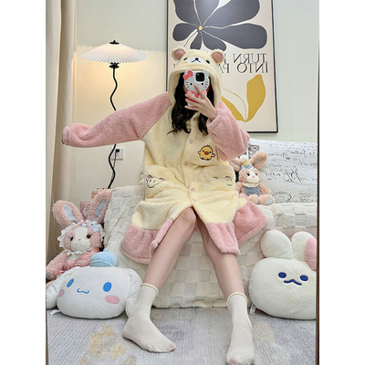 轻松熊珊瑚绒睡袍秋冬季加绒加厚熊妹睡衣女生可爱卡通家居服套装