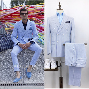 yarn Bubble suit 天蓝纯棉泡泡纱西服定制男人气半里单西装 春秋款