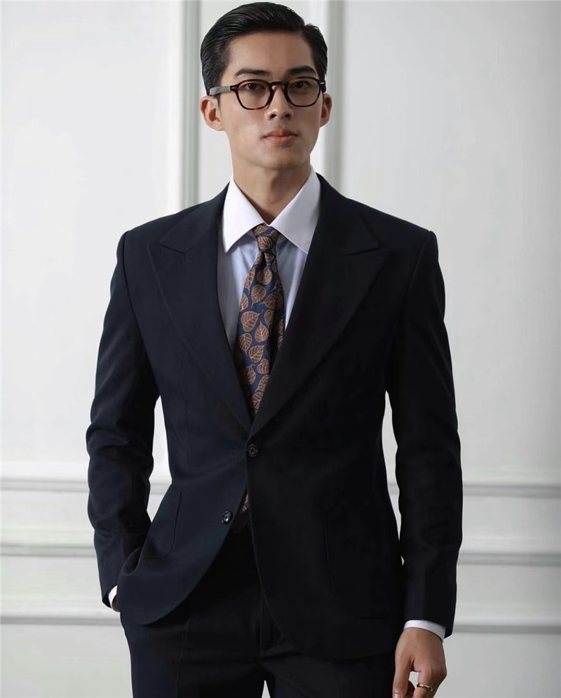 新款藏青色西装外套男式时尚黑色新郎礼服深蓝色企业形象上班西服