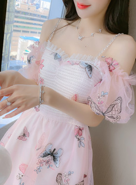 女装连衣裙2022春夏新款吊带露肩泡泡袖刺绣蝴蝶网纱高腰仙女裙子