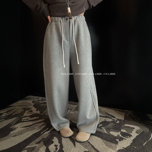 欧洲站2025秋冬新款保暖显瘦不臃肿一粒扣抽绳加绒卫裤直筒休闲裤
