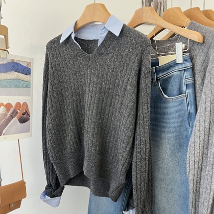 可拆卸衬衫领 100%羊毛v领针织衫女2025冬装新款气质休闲内搭毛衣