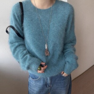 欧洲站2025冬季新款亮色圆领拉绒羊毛毛衣女休闲宽松套头针织衫