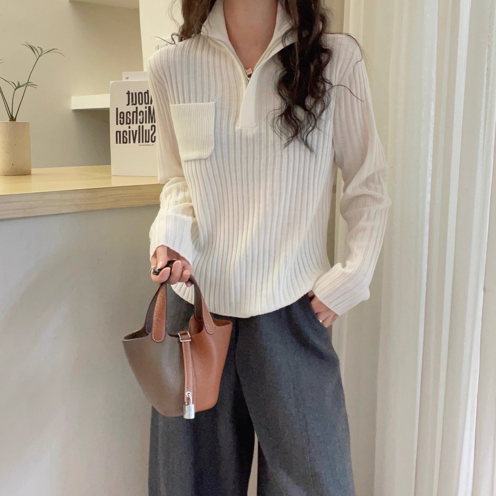 欧洲站2025冬装新款半拉链高领坑条羊毛针织衫单口袋修身打底毛衣