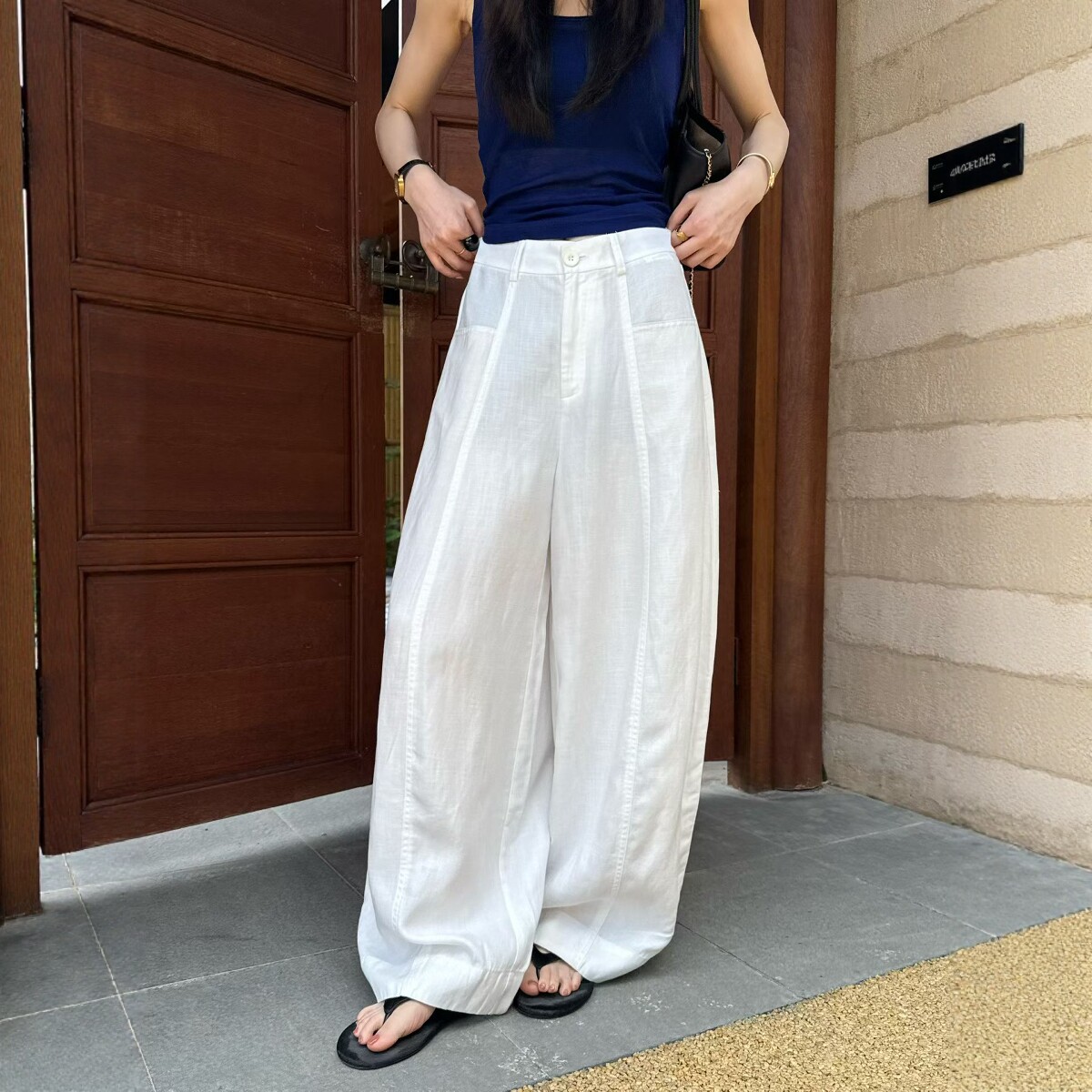 天丝麻料竖插袋阔腿裤女2026夏季新款欧货时尚舒适宽松弯刀休闲裤